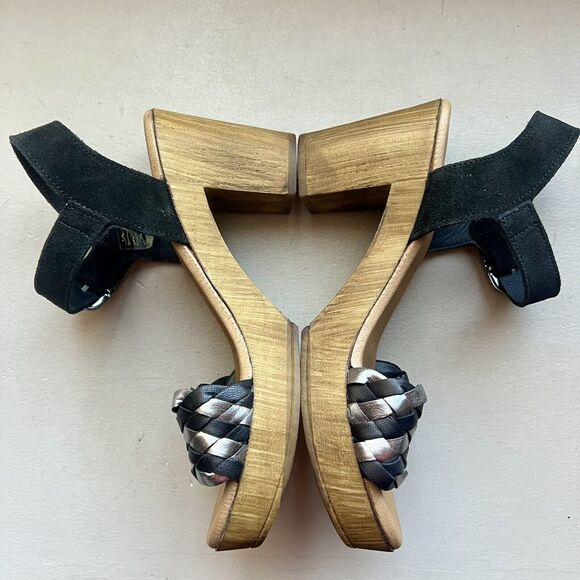 Eric Michael Rachel Black & Metallic Silver Sandals & Faux Wood Size EU 37 US 7 - Picture 5 of 16